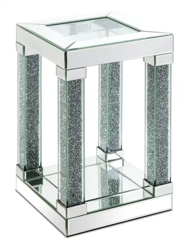 Berni 12 Glam Mirror & Glass Top Chairside Table with Shelf - Silver Metal with Diamond Look Legs