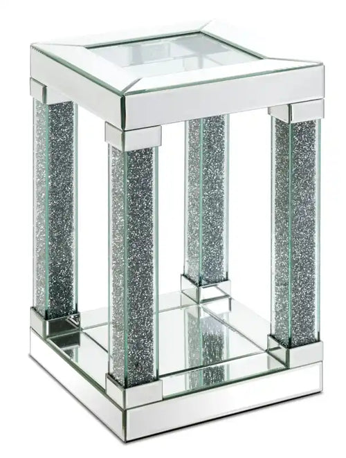 Berni 12 Glam Mirror & Glass Top Chairside Table with Shelf - Silver Metal with Diamond Look Legs