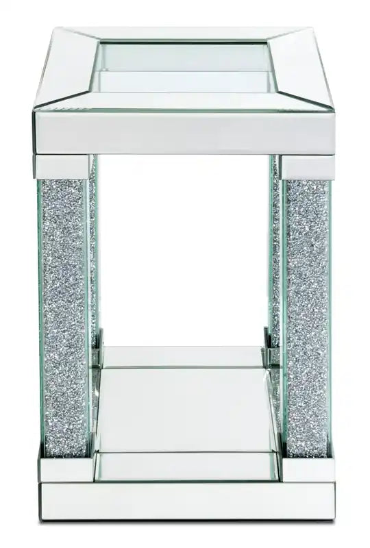 Berni 12 Glam Mirror & Glass Top Chairside Table with Shelf - Silver Metal with Diamond Look Legs
