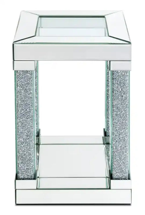 Table d'appoint 12 Glam Miroir et Verre avec Étagère - Métal Argenté avec Pieds Effet Diamant