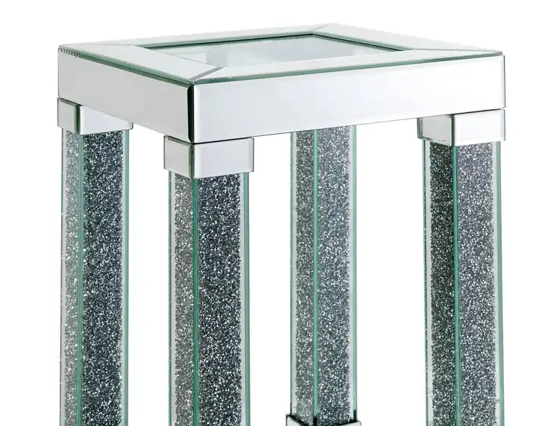 Berni 12 Glam Mirror & Glass Top Chairside Table with Shelf - Silver Metal with Diamond Look Legs