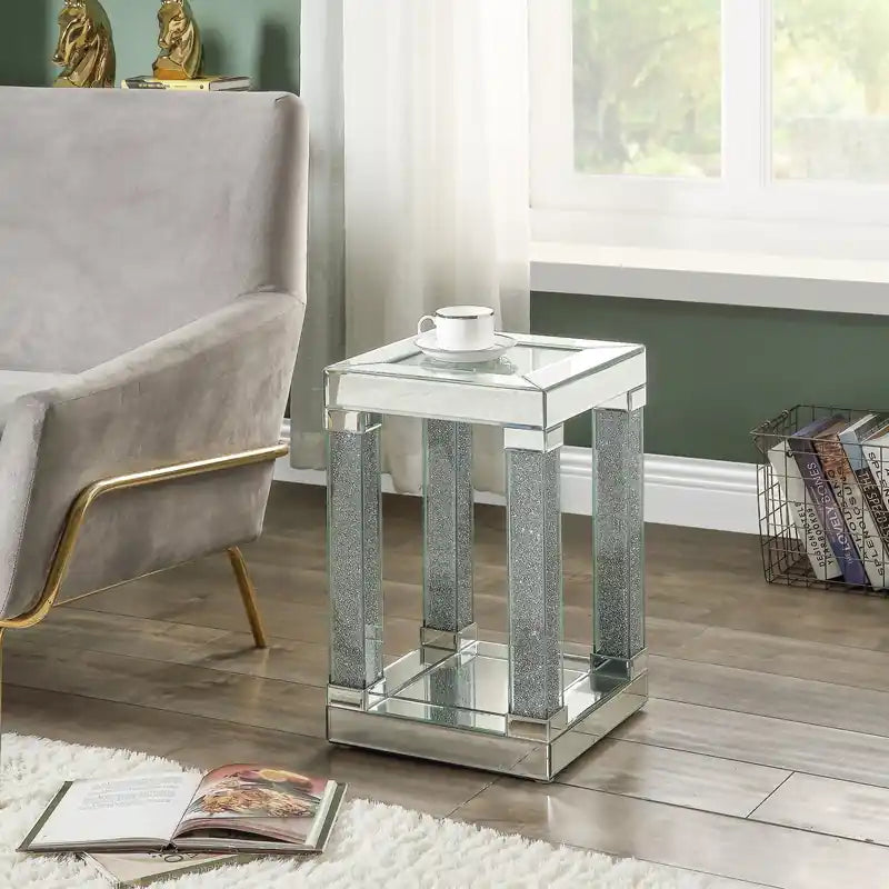 Berni 12 Glam Mirror & Glass Top Chairside Table with Shelf - Silver Metal with Diamond Look Legs