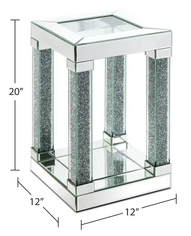 Berni 12 Glam Mirror & Glass Top Chairside Table with Shelf - Silver Metal with Diamond Look Legs