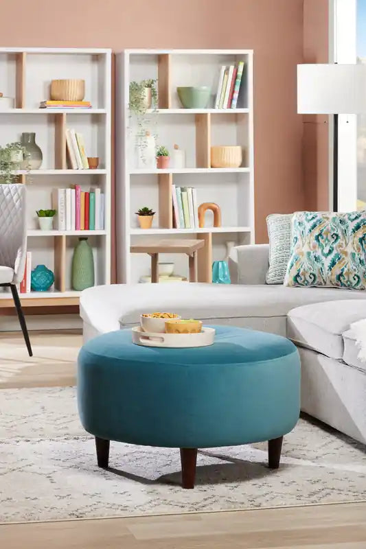 31" Round Velvet Fabric Ottoman - Sea Blue