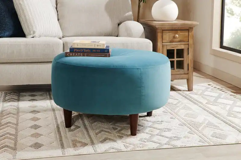 31" Round Velvet Fabric Ottoman - Sea Blue