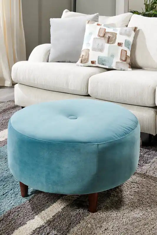 31" Round Velvet Fabric Ottoman - Sea Blue