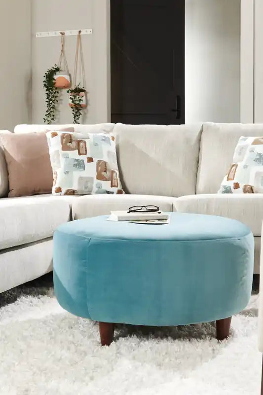 31" Round Velvet Fabric Ottoman - Sea Blue