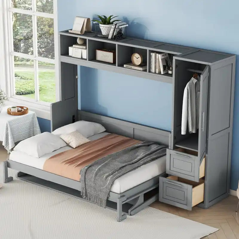 Dennis Engineered Wood Full Murphy Bed With Shelves And Drawers