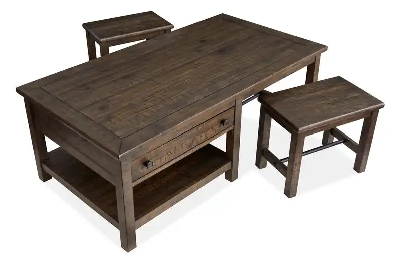 52" Country Pine Coffee Table with Storage and Stools - Homestead Brown