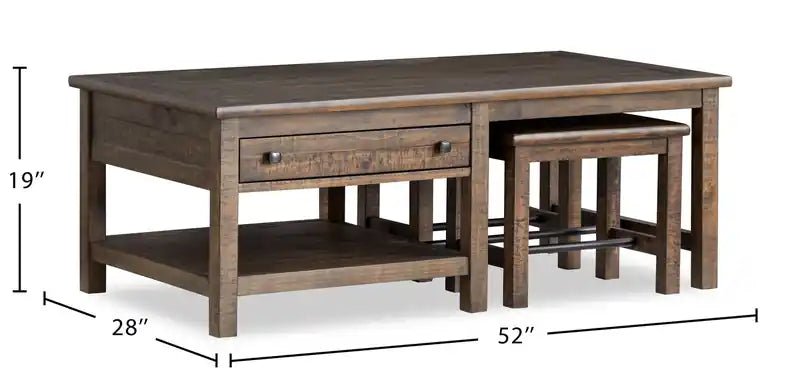 52" Country Pine Coffee Table with Storage and Stools - Homestead Brown