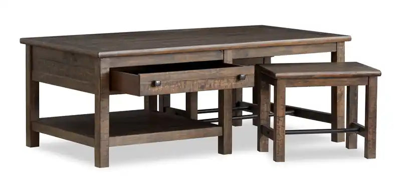 52" Country Pine Coffee Table with Storage and Stools - Homestead Brown