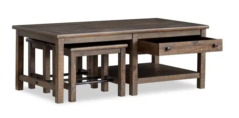 52" Country Pine Coffee Table with Storage and Stools - Homestead Brown