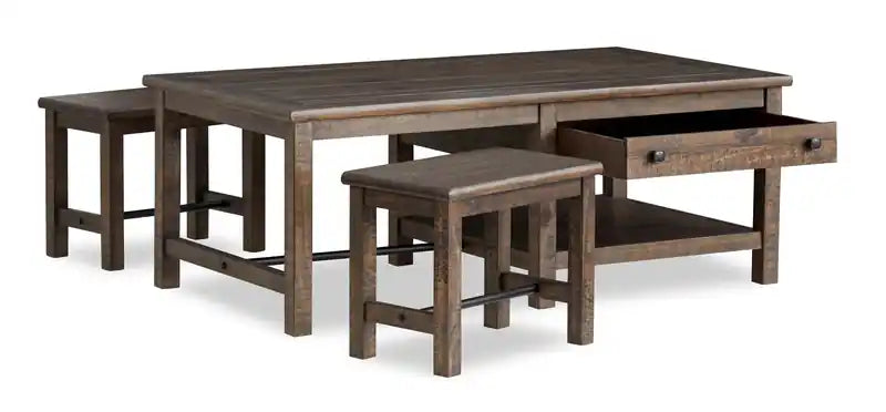 52" Country Pine Coffee Table with Storage and Stools - Homestead Brown