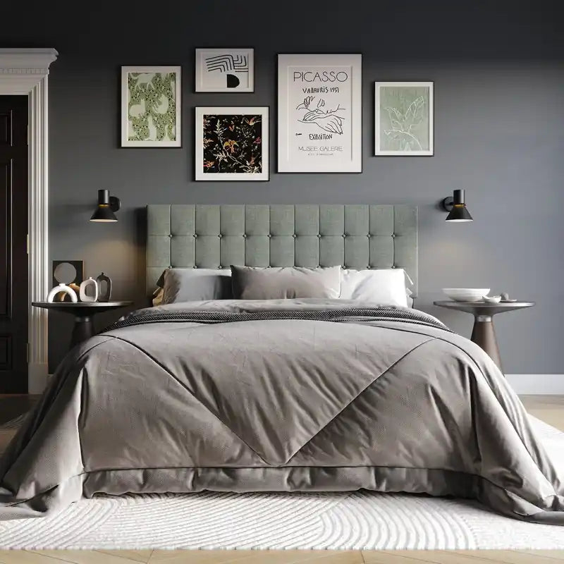 Ellis Upholstered Headboard in Grey Fabric, Button Tufted