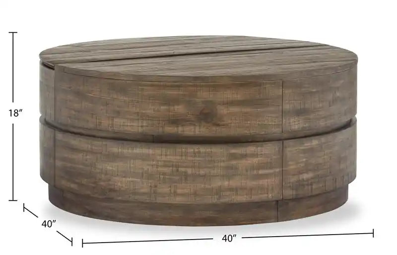 Elm 40 Round Rustic Pine Lift Top Coffee Table with Casters