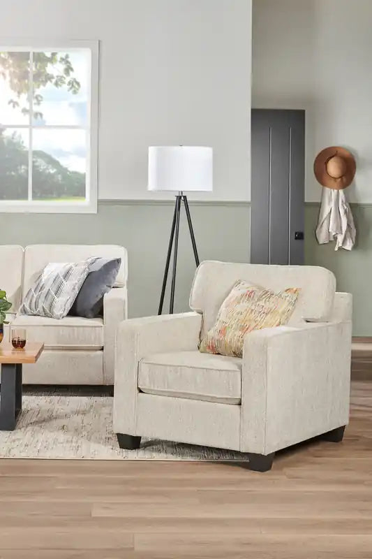 Made in Canada Lennox 35 Chenille Fabric Chair with Reversible Cushions and Track Arms
