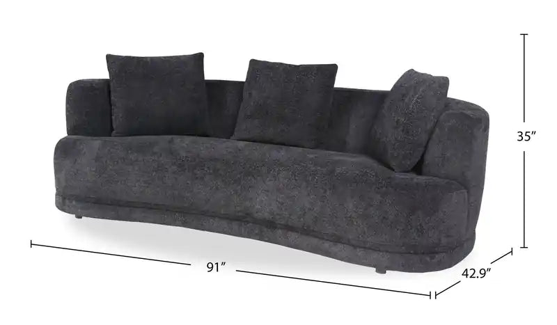 Moon 91 Fabric Curved Sofa with Accent Pillows - Wooly Raven Black
