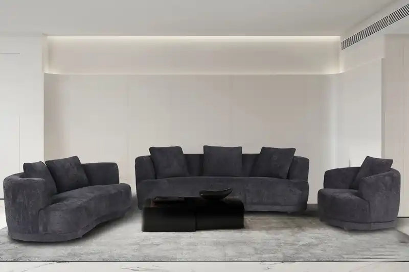 Moon 91 Fabric Curved Sofa with Accent Pillows - Wooly Raven Black