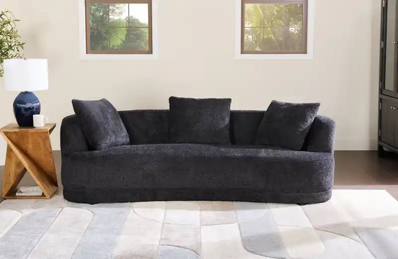 Moon 91 Fabric Curved Sofa with Accent Pillows - Wooly Raven Black