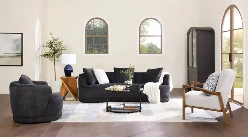 Moon 91 Fabric Curved Sofa with Accent Pillows - Wooly Raven Black