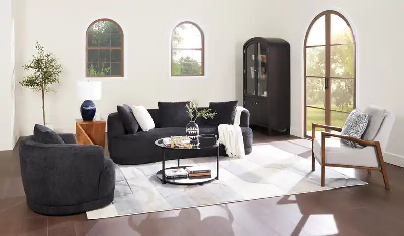 Moon 91 Fabric Curved Sofa with Accent Pillows - Wooly Raven Black