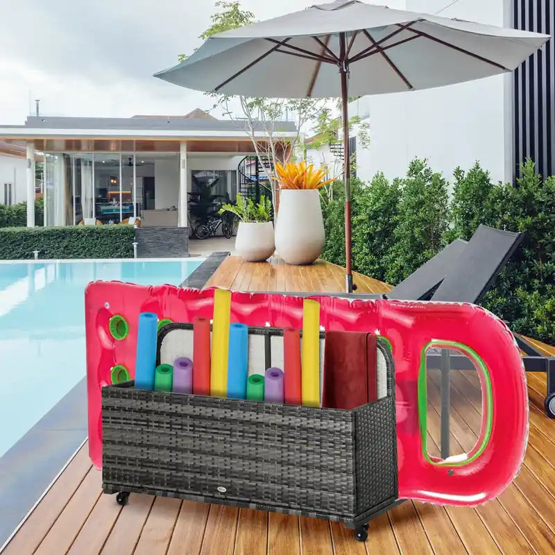 Rolling Pool Storage Rattan Outdoor Storage Wicker Organizer