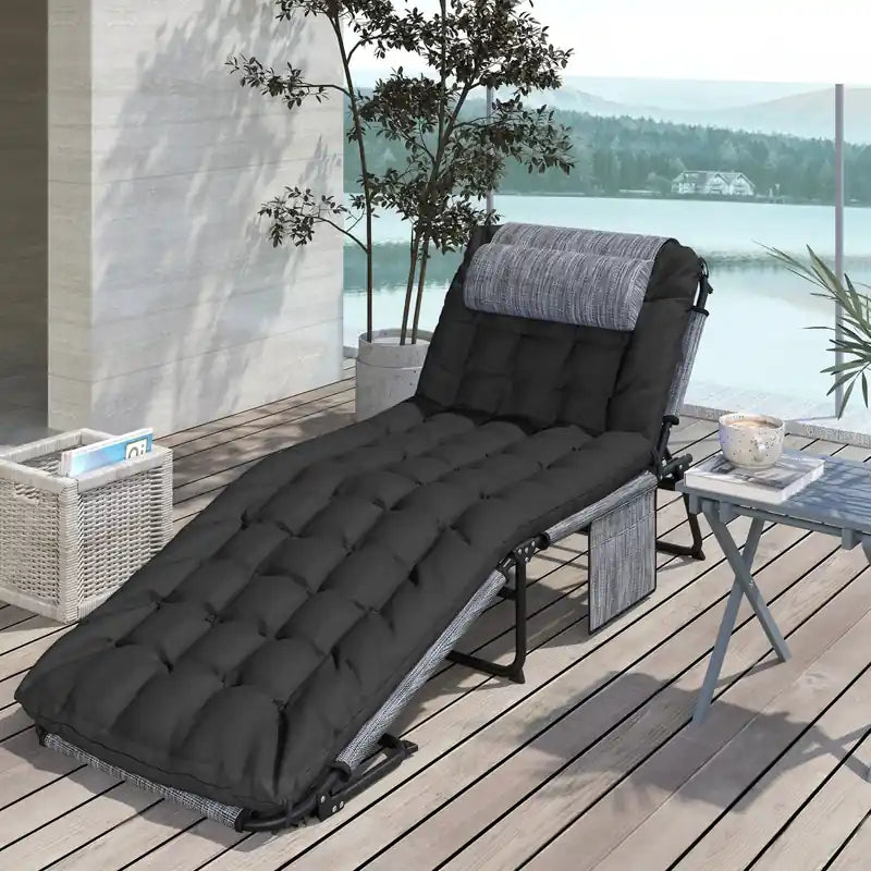 Folding Lounge Chair With Cushion, Reclining Tanning Chair