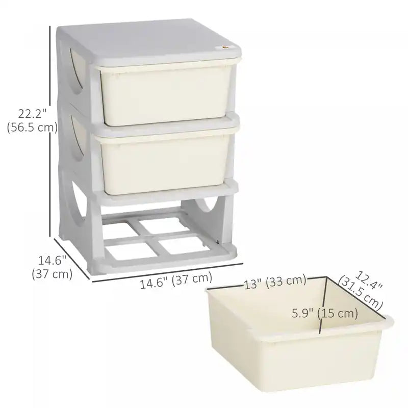 Qaba Kids Toy Storage Organizer With 3 Plastic Bins, 3 Tier Drawer Chest Utility For Kids Bedroom Nursery Kindergarten Living Room For Boys Girls Toddlers, Cream White