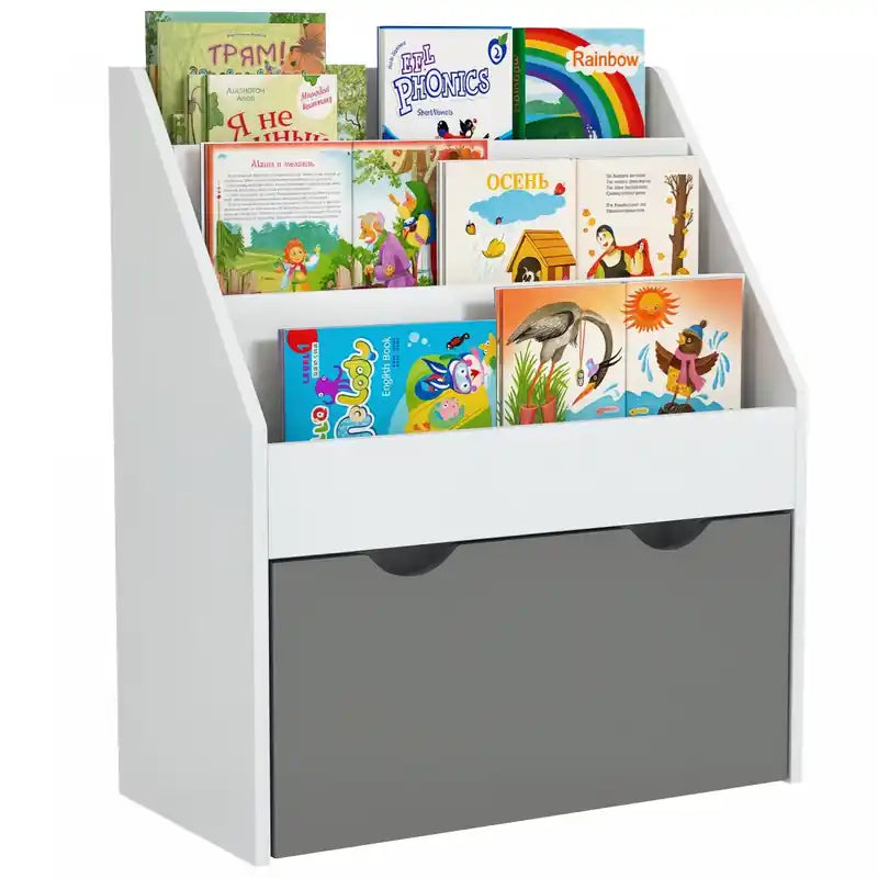 Qaba Kids Bookshelf, Bookcase Toy Storage Organizer With 3 Tier Display Shelves, Drawer, For Nursery, Bedroom, Living Room, Classroom