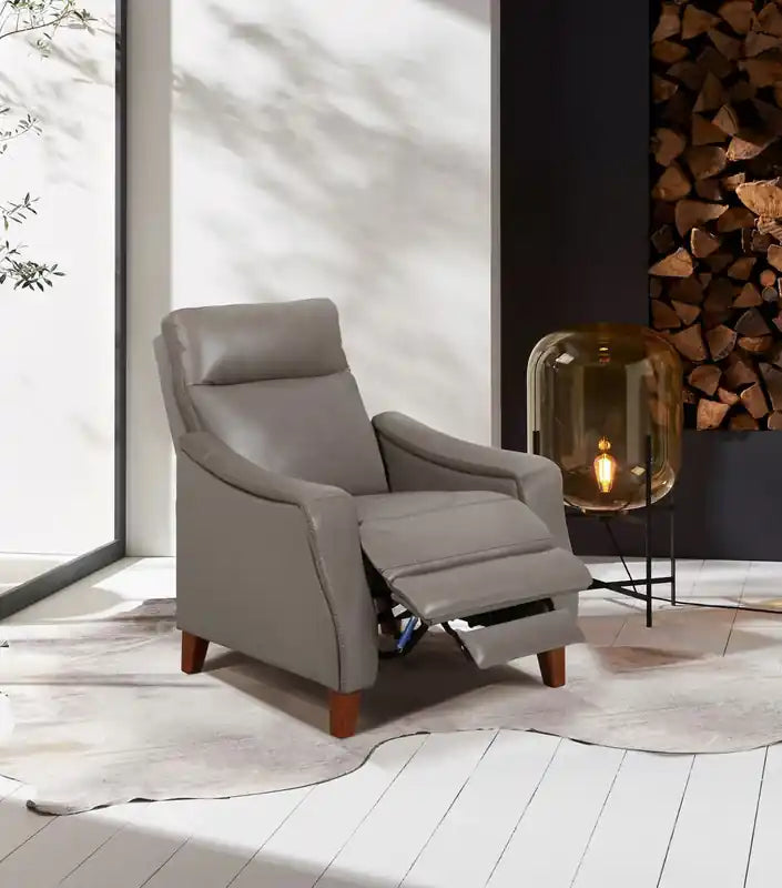Natalie 32.5 Top-Grain Genuine Leather Pushback Reclining Chair with Wood Legs