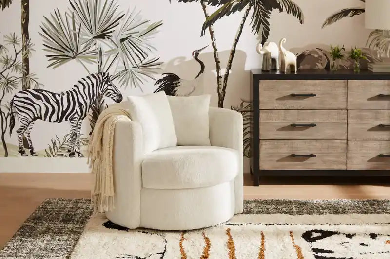 Made in Canada Petite 36 Chenille Fabric Swivel Cuddler Accent Chair - Plush Heaven White