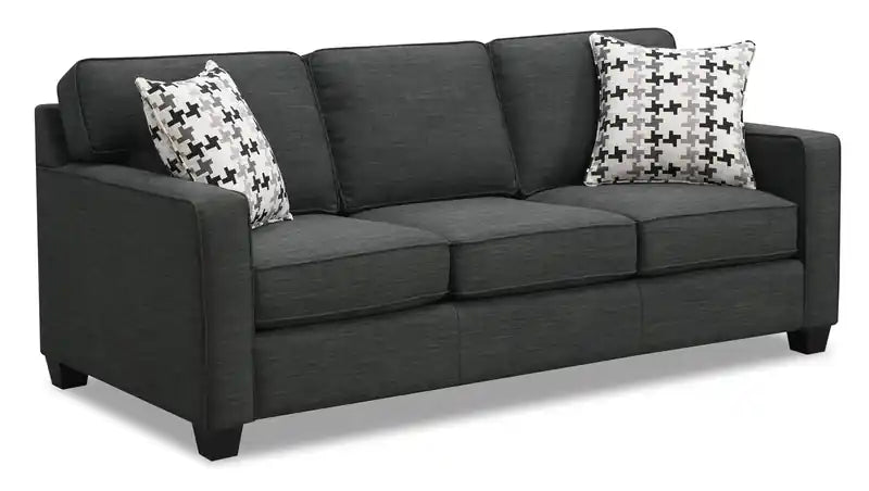 Made in Canada Sawyer 83 Linen-Look Fabric Sofa with Reversible Cushions and Accent Pillows - Charcoal Grey