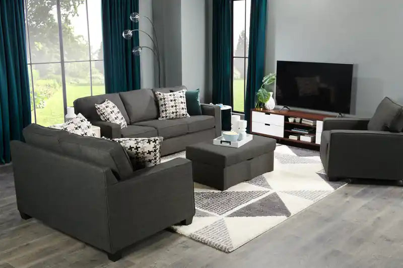 Made in Canada Sawyer 83 Linen-Look Fabric Sofa with Reversible Cushions and Accent Pillows - Charcoal Grey