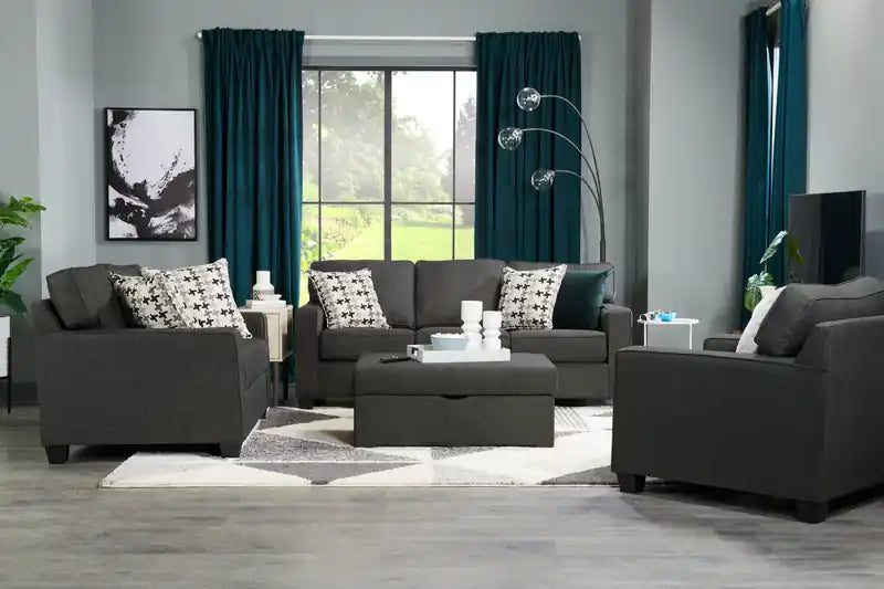 Made in Canada Sawyer 83 Linen-Look Fabric Sofa with Reversible Cushions and Accent Pillows - Charcoal Grey