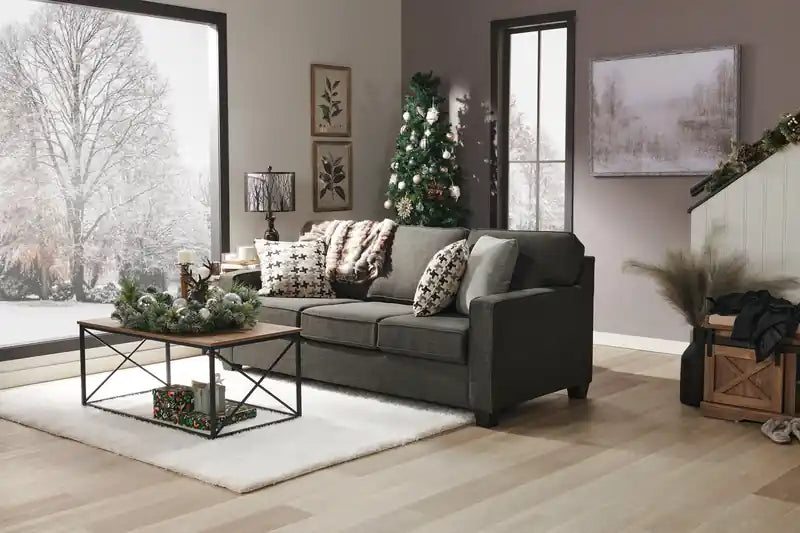 Made in Canada Sawyer 83 Linen-Look Fabric Sofa with Reversible Cushions and Accent Pillows - Charcoal Grey