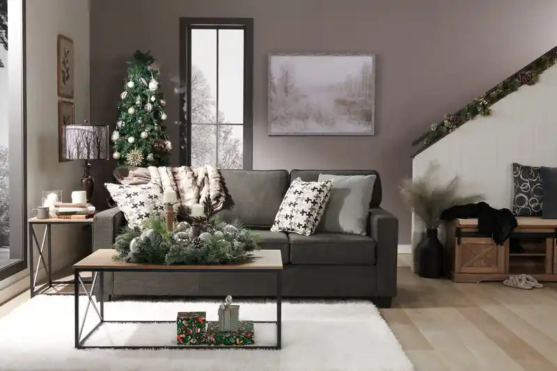 Made in Canada Sawyer 83 Linen-Look Fabric Sofa with Reversible Cushions and Accent Pillows - Charcoal Grey